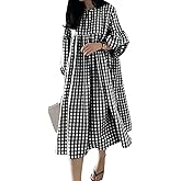 chouyatou Women's Loose Fit Retro Plaid Dress Lantern Puff Sleeve Gingham Swing Midi Long Tunic Shift Dress