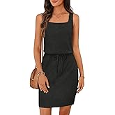 MEROKEETY Women's Summer Mini Sundress Casual Waffle Knit Square Neck Drawstring Beach Tank Dresses