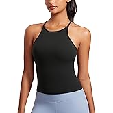 CRZ YOGA Butterluxe Womens Y Back Workout Crop Tank Top with Built in Bra - Padded Halter High Neck Yoga Camisole