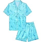 Sylfairy Girls Pajamas Silk PJS Set Pink Bow Satin Sleepwear Short Sleeve Jammies for Kids Button-Down Nightwear size 7-14