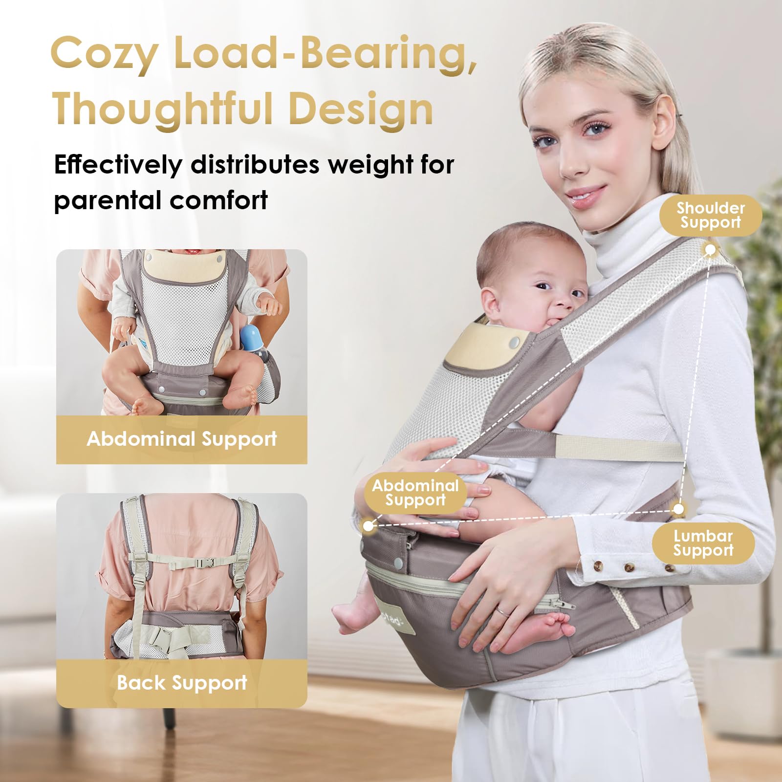Safotad Baby Carrier Newborn to Toddler, Lightweight Ergonomic Baby Hip Seat Carrier Up to 33lbs, Adjustable Extended Waistband Infant Carrier with Breathable Sunshield, Light Grey