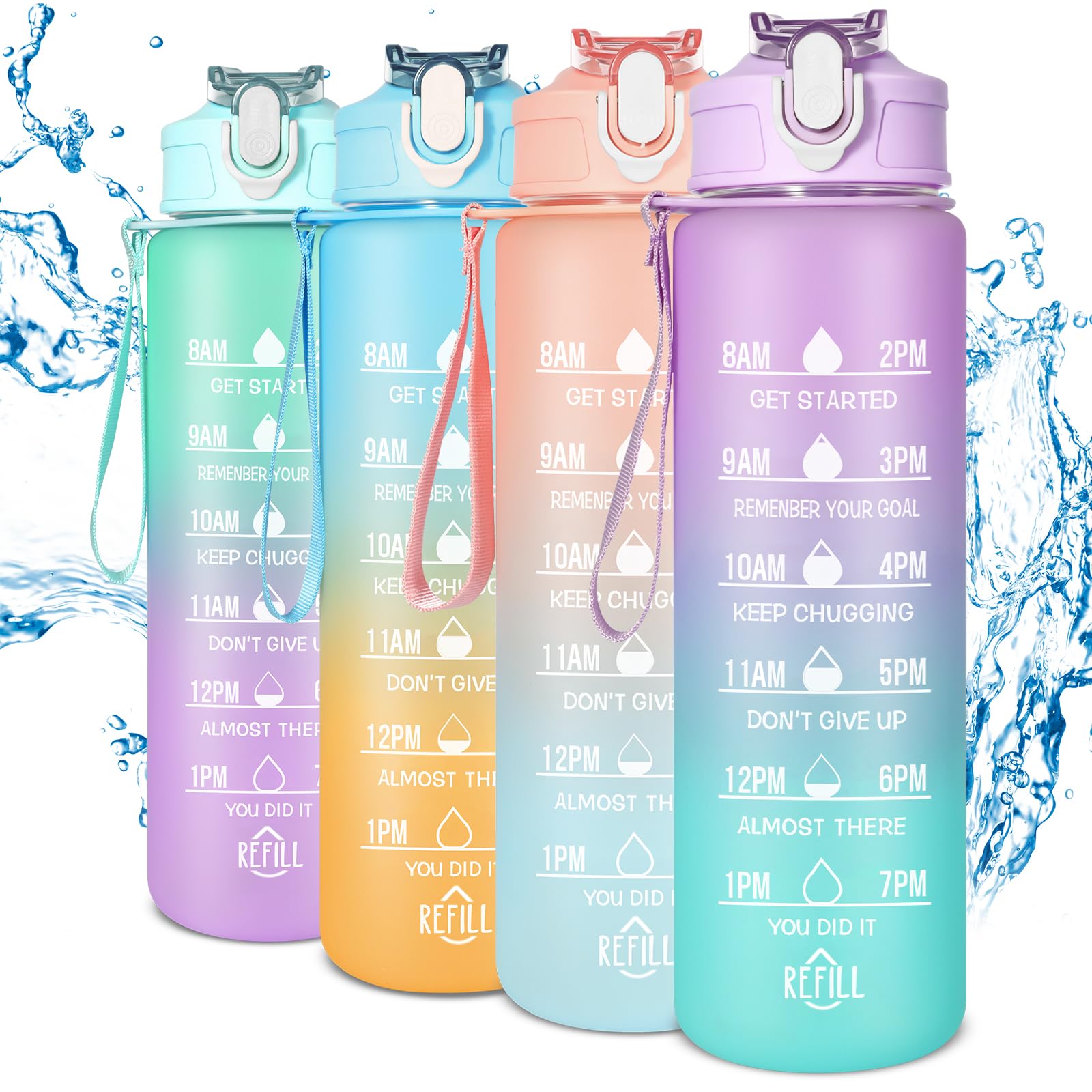 Kids Water Bottle with Time Markings,700ML Motivational Water Bottles with Straw, Leakproof BPA-free Tritan Drink Bottle for Sport,Cycling,Gym, School & Office (Purple & Green)