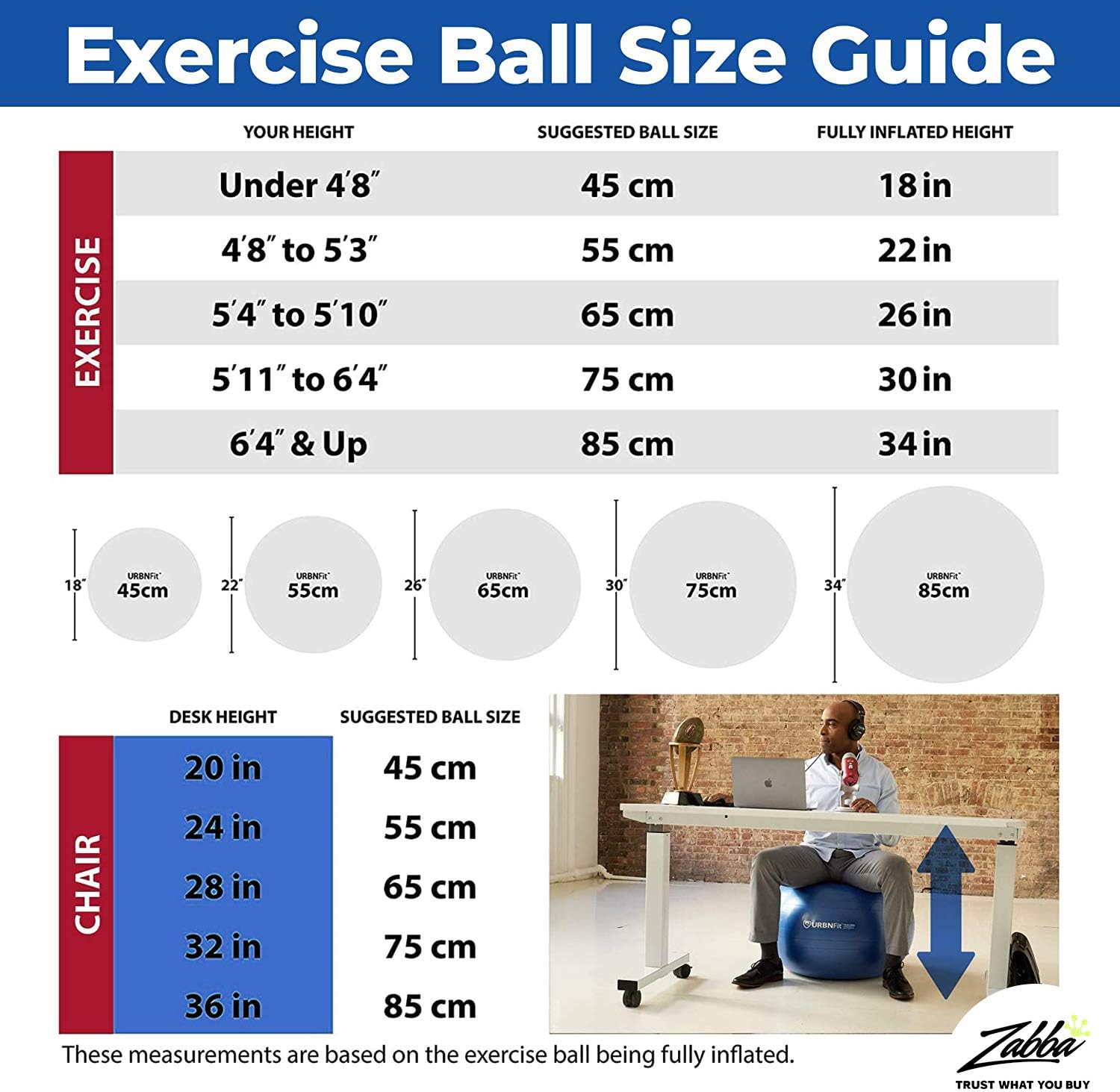URBNFit Exercise Ball (Multiple Sizes) for Fitness, Stability, Balance & Yoga Ball - Workout Guide & Quick Pump Included - Anti Burst Professional Quality Design: Sports & Outdoors