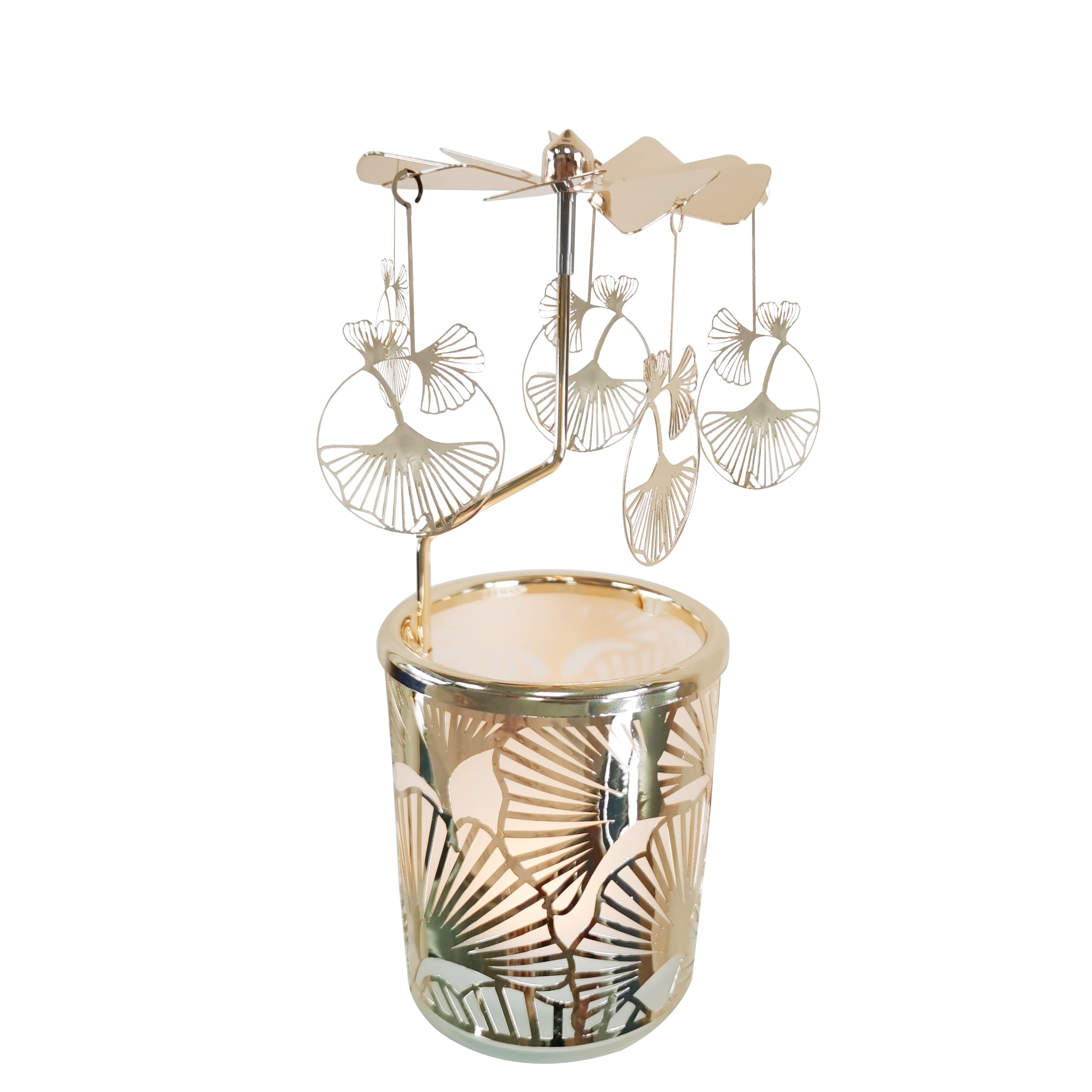 Kingnero Carousel Candle Rotating Rotary Candle Holder Spinning Tea Light Candlestick for Christmas (gold Apricot leaf)