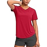 Womens Workout Tops V-Neck Short Sleeve UPF 50+ Sun Shirt Moisture Wicking Quick Dry Top for Gym, Running, Athletic