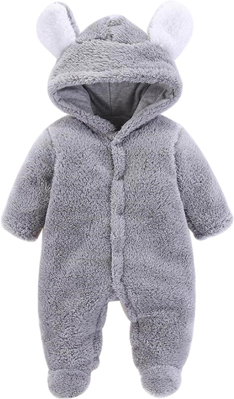 Newborn Baby Boys Girls Coverall Cartoon Bear Snowsuit Fleece Cute Unisex Hooded Romper Jumpsuit Winter Clothes