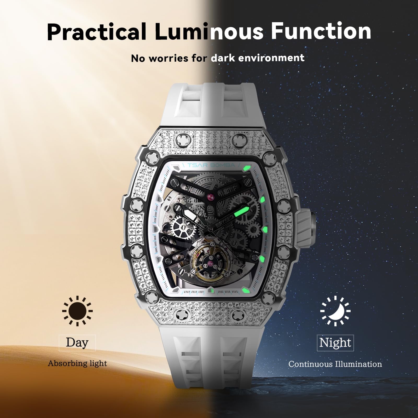 TSAR BOMBA Watch for Men, 50M Waterproof Automatic Mens Watch, Skeleton Mechanical Tonneau Big Face Dial Black Watch with Silicone Watch Bands, Gifts for Men