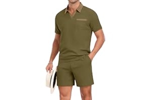 PrinStory Men's Summer Track Suits Waffle Knit Polo Shirt and Shorts Set Casual 2 Pieces Outfits with Pockets