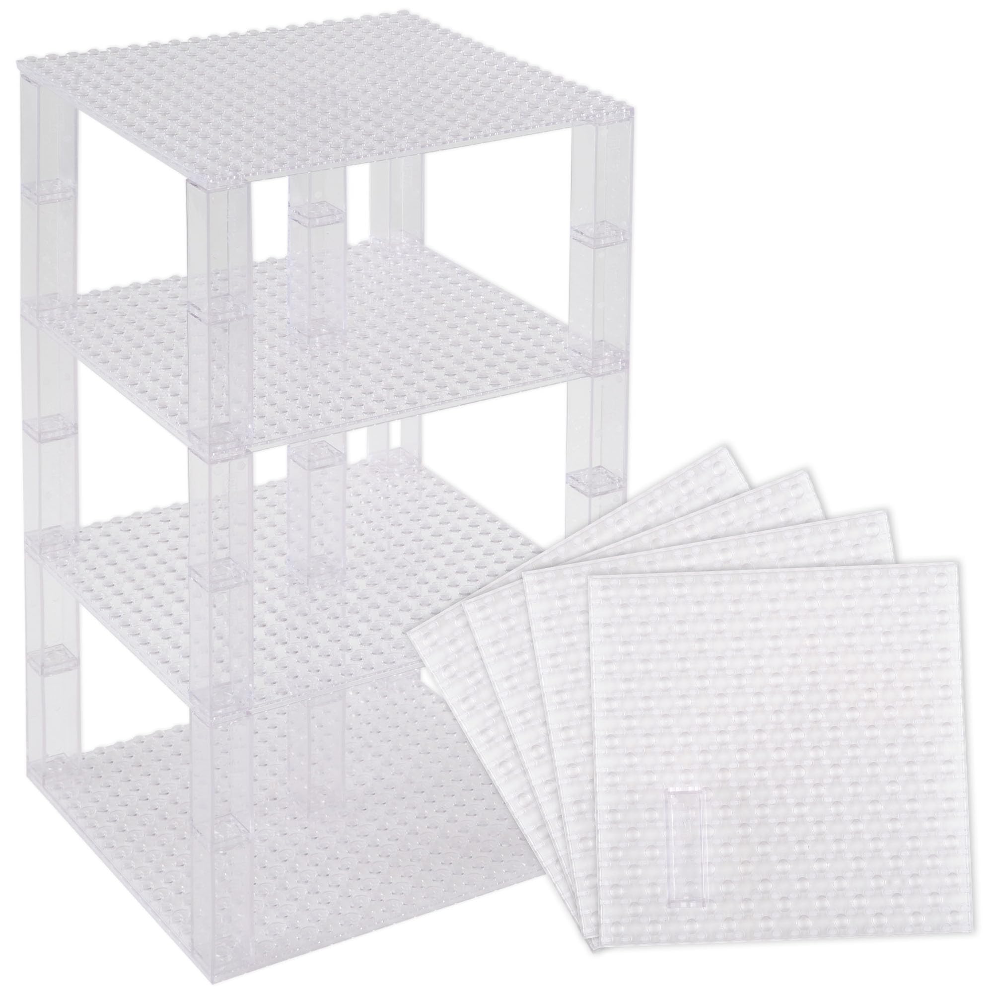 Photo 1 of Strictly Briks Stackable Clear Baseplates - Compatible with Lego & Major Brands - 6x6 in, Set of 4 Plates & 30 Stackers - Clear Baseplate Bricks for Builds & Displays