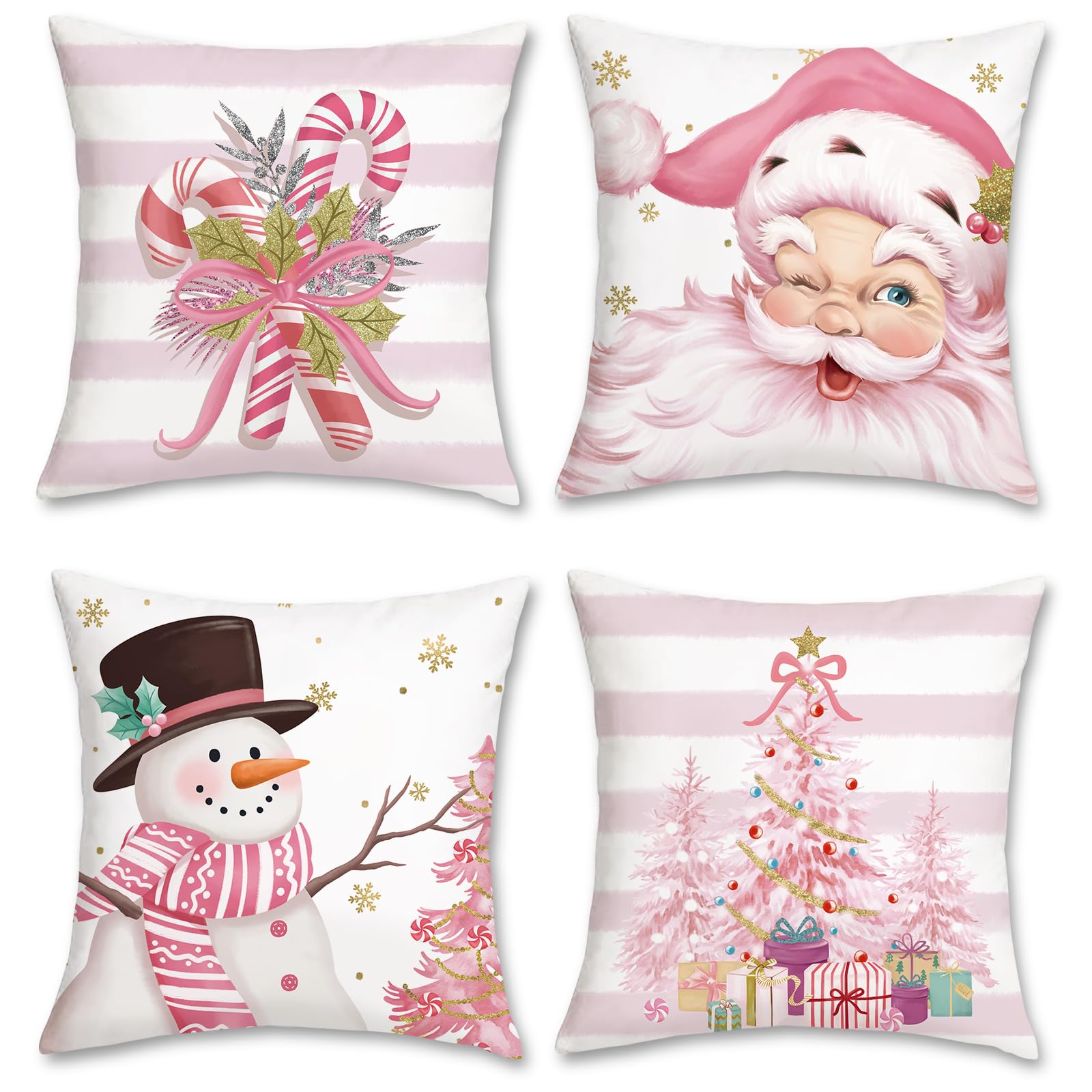 Bonhause Pink Christmas Cushion Covers 45 x 45 cm Santa Claus Snowman Candy Cane Xmas Tree Decorative Throw Pillow Covers Soft Velvet Pillowcases for Sofa Bed Winter Holiday Decor Set of 4