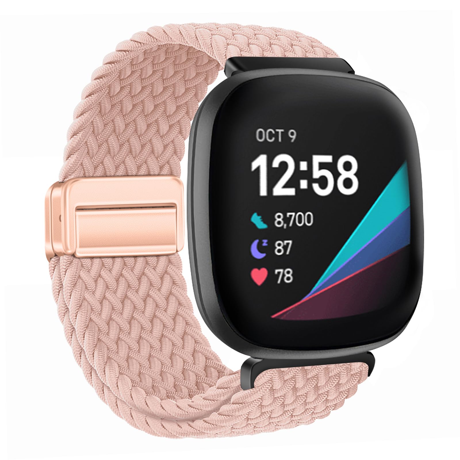 XMUXI Nylon Watch Band Compatible with Fitbit Versa 4/Versa 3 Straps/Sense 2 /Fitbit Sense Strap for Women Men, Stretchy Magnet Braided Replacement Wristbands for Fitbit Watch Pink