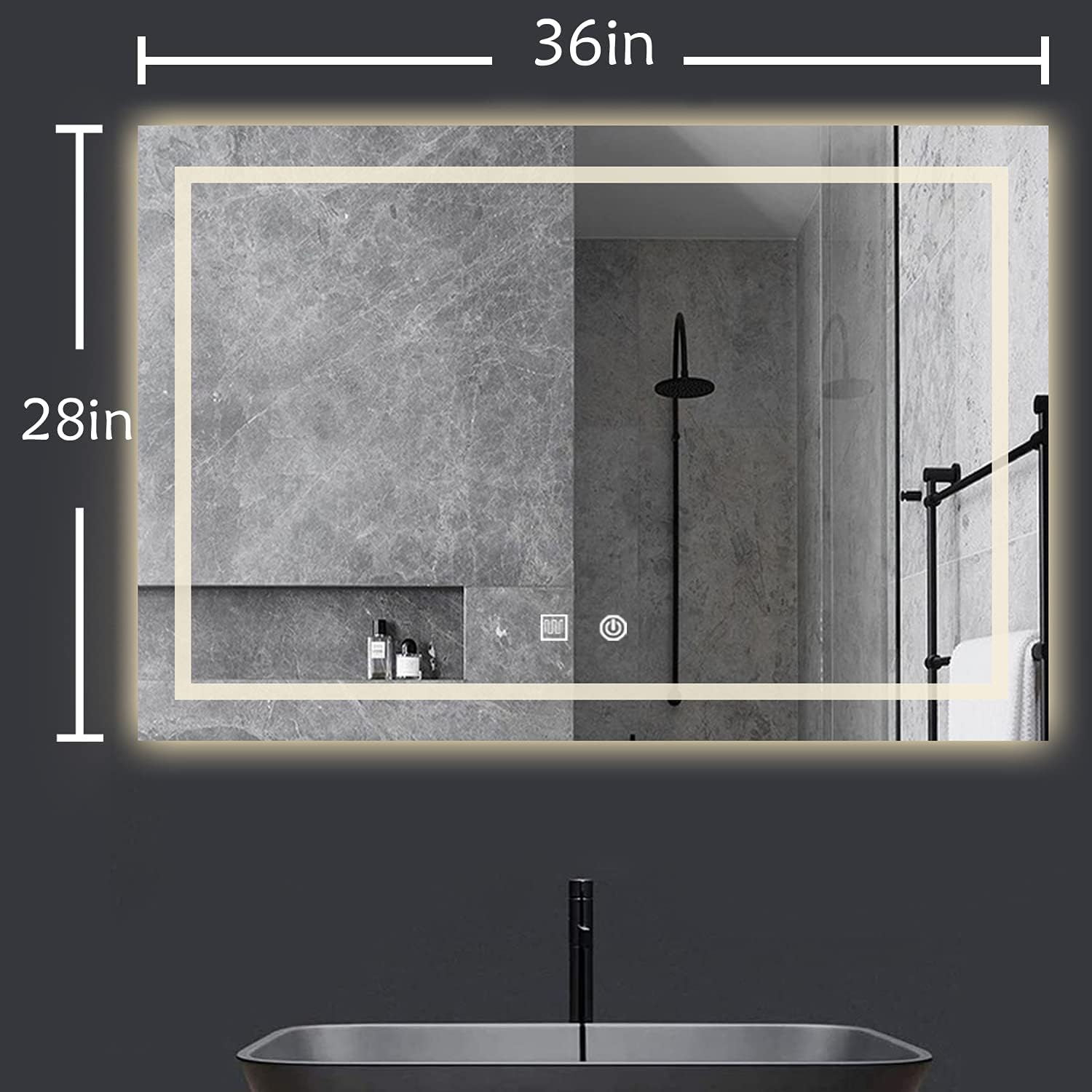 FITOLOGY Rectangle LED Bathroom Mirror Anti Fog Dimmable, Wall Mounted Vanity Mirror with Lights, IPX4 Waterproof Smart Makeup Mirror Large (36"x28"): Kitchen & Dining