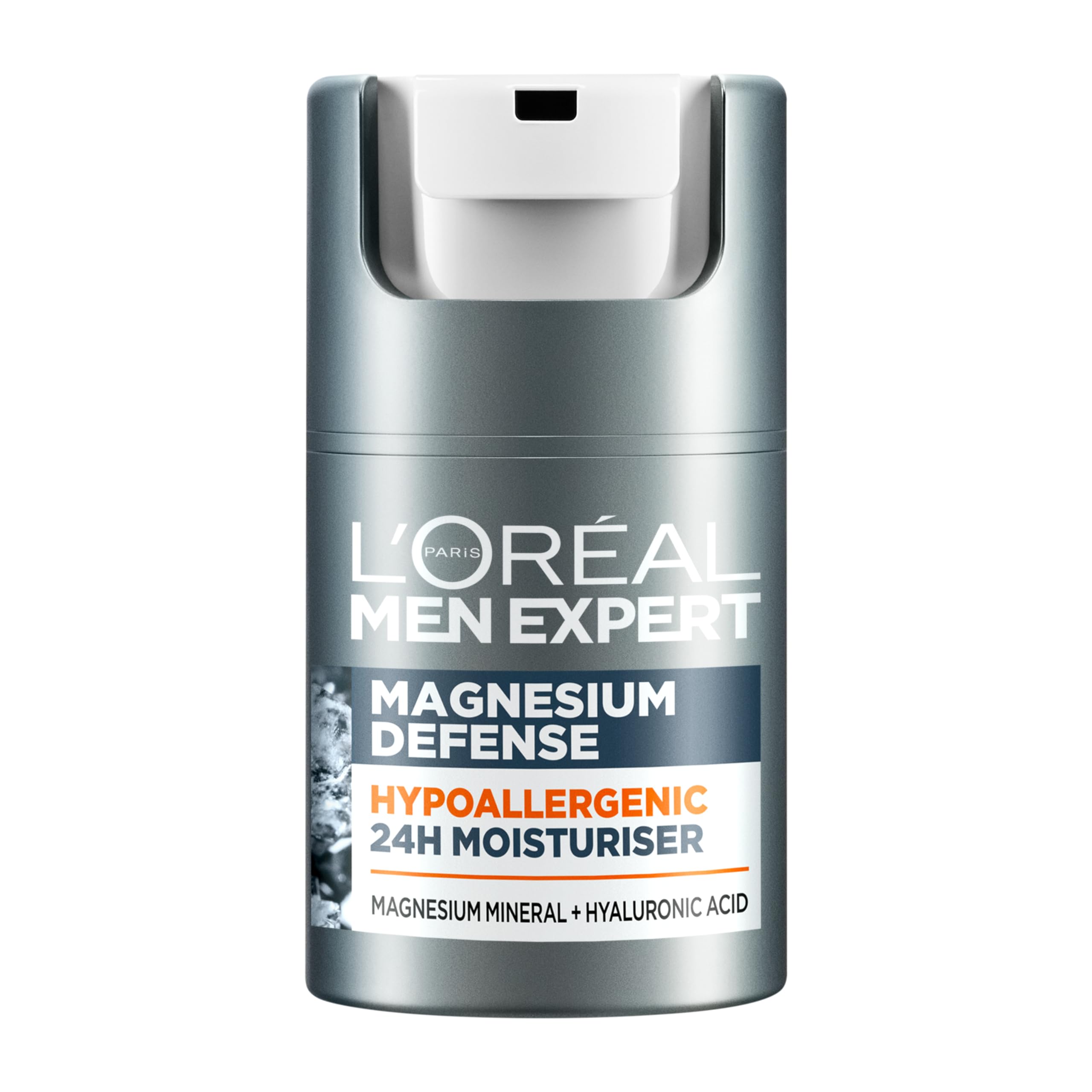 L'Oreal Men Expert Sensitive Skin Moisturiser, Magnesium Defence, Hypoallergenic 24H Daily Mens Moisturiser, With Magnesium Mineral And Hyaluronic Acid, 50ml