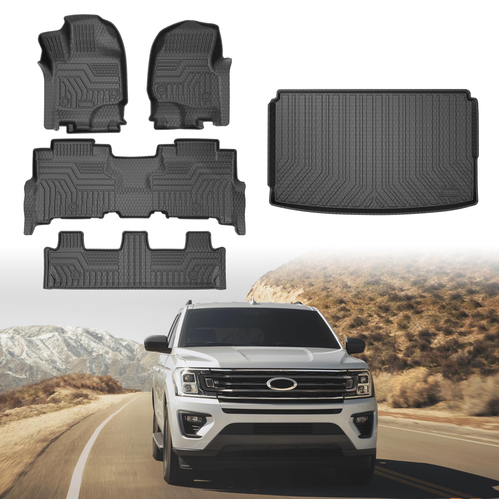 Mixsuper Cargo Liner Floor Mats for Ford Expedition Max 2018-2024 Models 8-Seater with 2nd Row Bench Seat, All Weather Trunk Mat and 3 Row Floor Liners Set Black Image