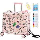 Kids Ride-On Suitcase with Cute Ears, 20" Carry-On Luggage with TSA Lock | DIY Coloring Design, 4 Spinner Wheels, Pull Rope, Foot Pedal, Lightweight &amp; Durable Shell, Stable Ride Design