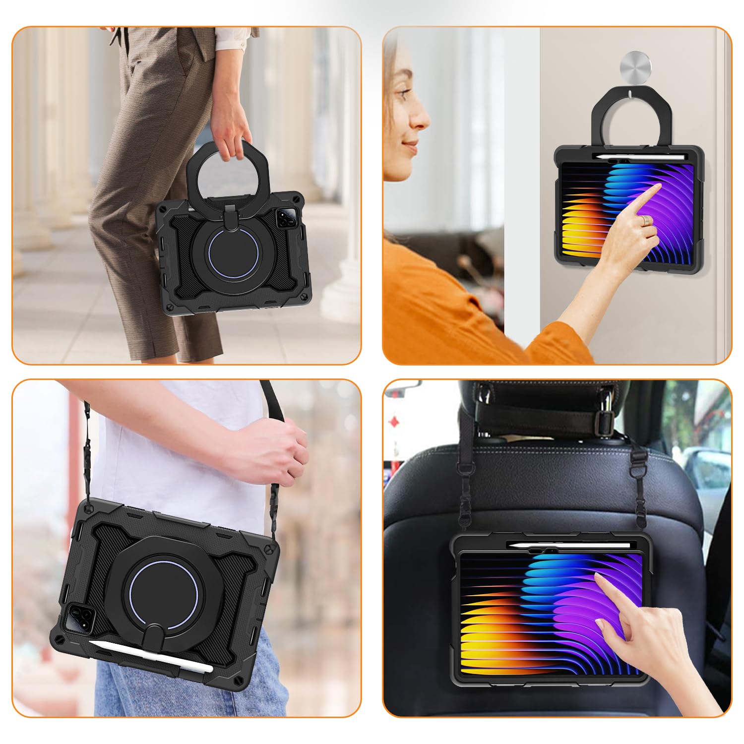 ROISKIN Hülle für Xiaomi Mi Pad 7/7 Pro 11,2 Zoll 2024 mit Displayschutz & Schultergurt & Stifthalter,Heavy Duty Stoßfeste Military Xiaomi Pad 7 Hülle,360 Drehbarer Ständer für Kinder,Schwarz 6