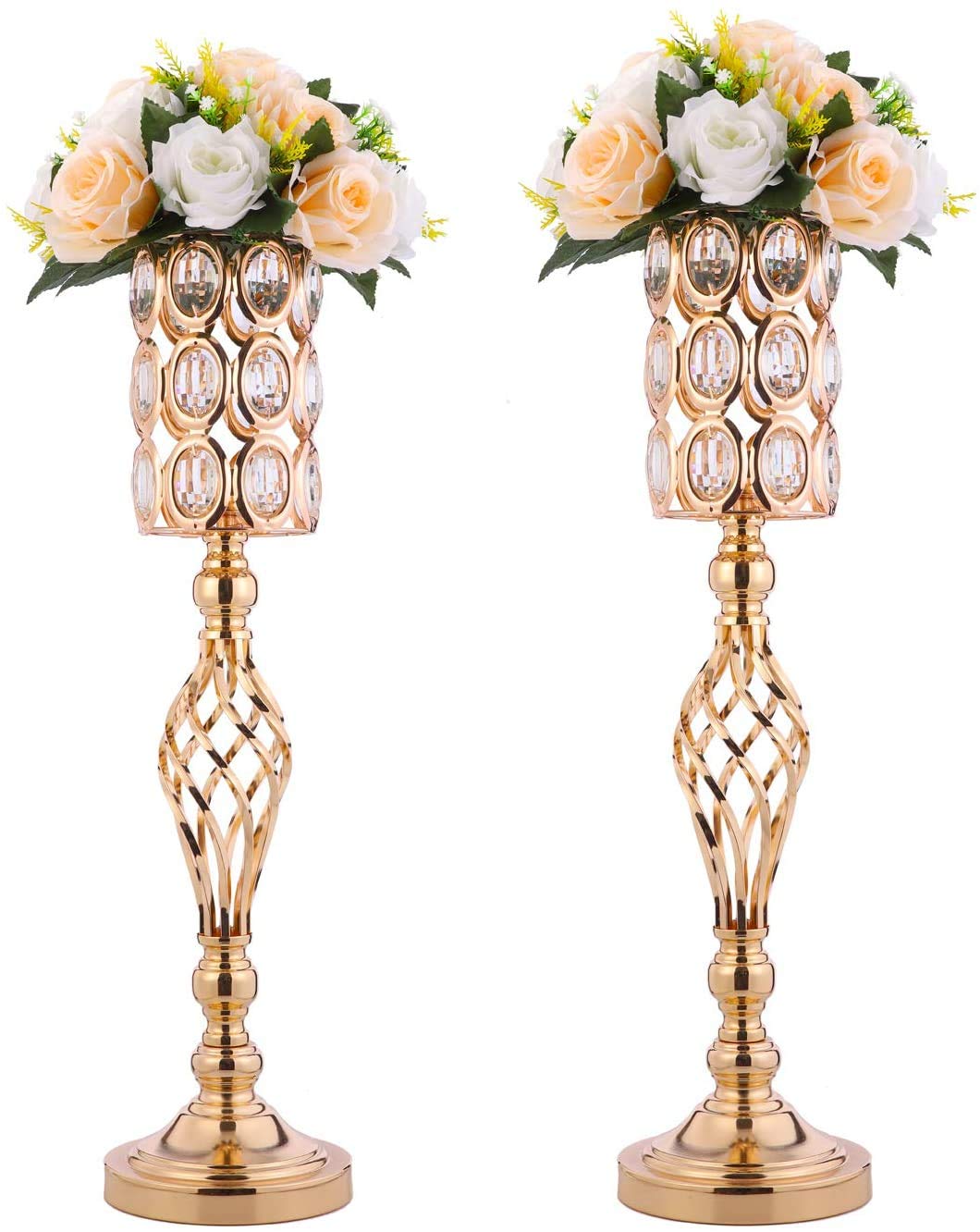 Photo 1 of 24in Metal Diamond Crystal Wedding Centerpiece Vases for Tables Set of 2, Gold Versatile Tall Flower Holders Centerpiece Flower Stands for Wedding Party Reception Dining Room Living Room Décor
