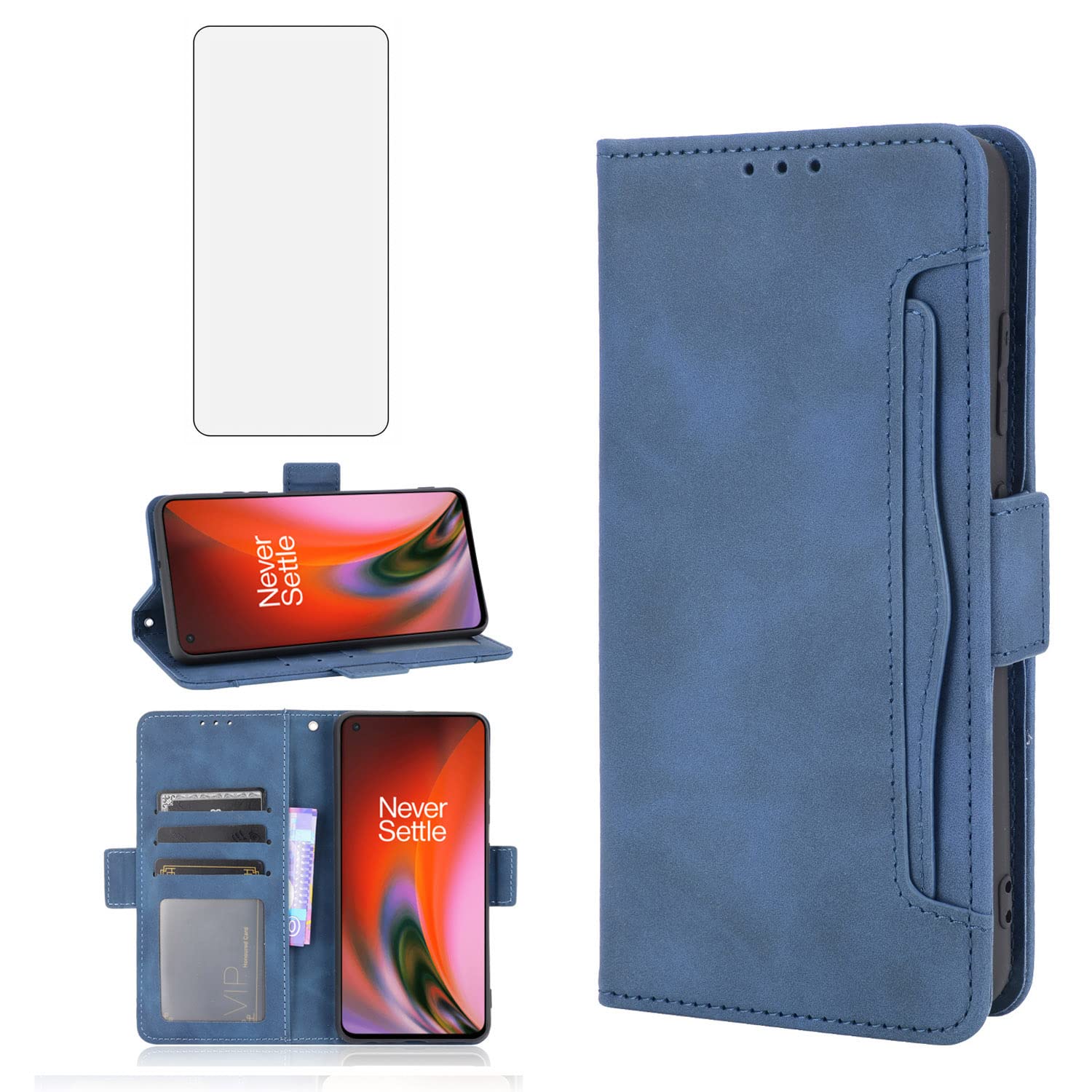 Asuwish Compatible with OnePlus Nord 2 5G Wallet Case and Tempered Glass Screen Protector Card Holder Credit ID Slot Leather Flip Phone Cover for One Plus On 1 Plus 1plus One+ 1+ Nord2 Women Men Blue