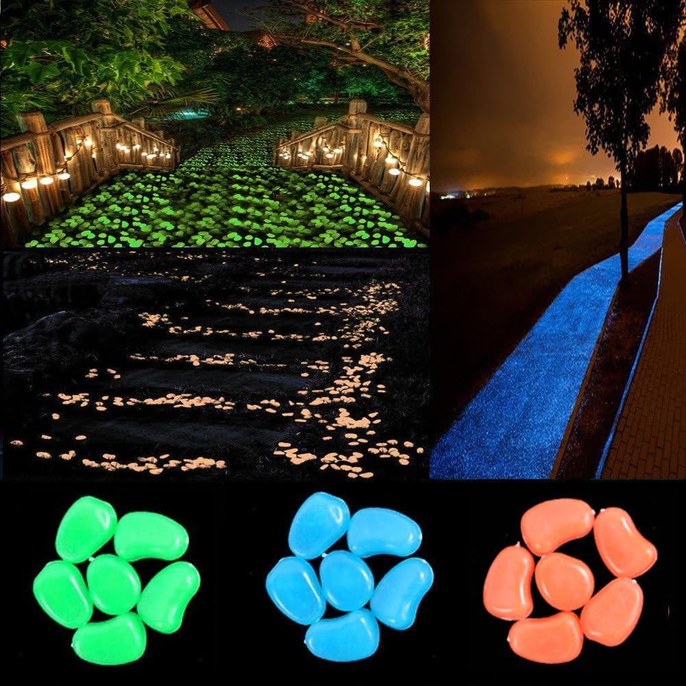 chic style 300pcs Glow in The Dark Pebbles Stone Garden Walkway Decor Outdoor Bulk Fish Tank Aquarium Glow Decorations Gravel Rocks (Blue Green Orange)