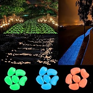 chic style 300pcs Glow in The Dark Pebbles Stone Garden Walkway Decor Outdoor Bulk Fish Tank Aquarium Glow Decorations Gravel Rocks (Blue Green Orange)