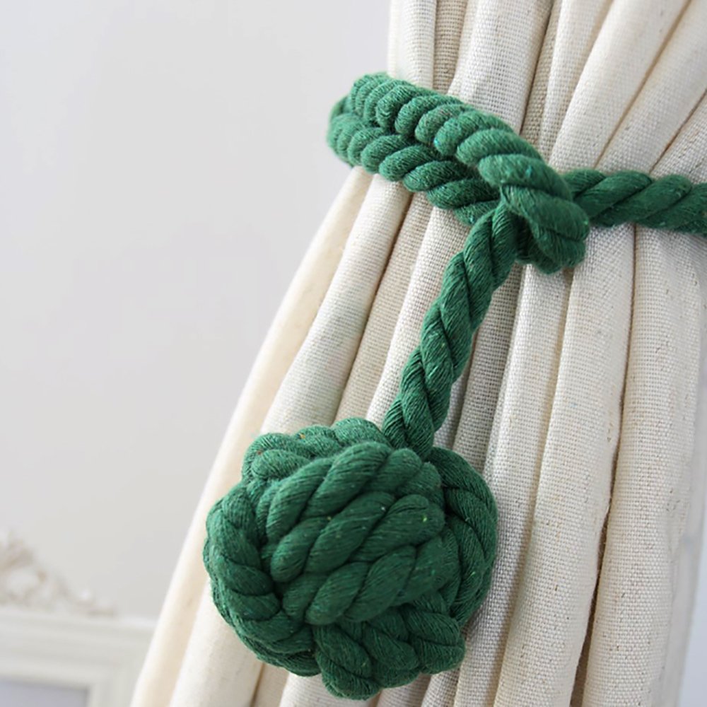 One Pair of Handmade Curtain Tie Backs, Vankra Tassel Tie Back Cotton Rope Ball Curtain Accessories (Dark Green)