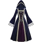 AGCOAH Women Medieval Renaissance Hooded Dress Adult Vintage Lace Trumpet Sleeves Witch Costume Halloween Victorian Cosplay