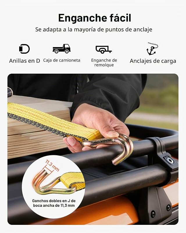 Correas de Trinquete, 50,8 mm x 9,1 m, con Gancho Doble en J, Resistencia a la Rotura de 4536 kg, para Mudanzas, Remolques, Motocicletas, Kayaks, Techo de Automóviles, Paquete de 10 uds