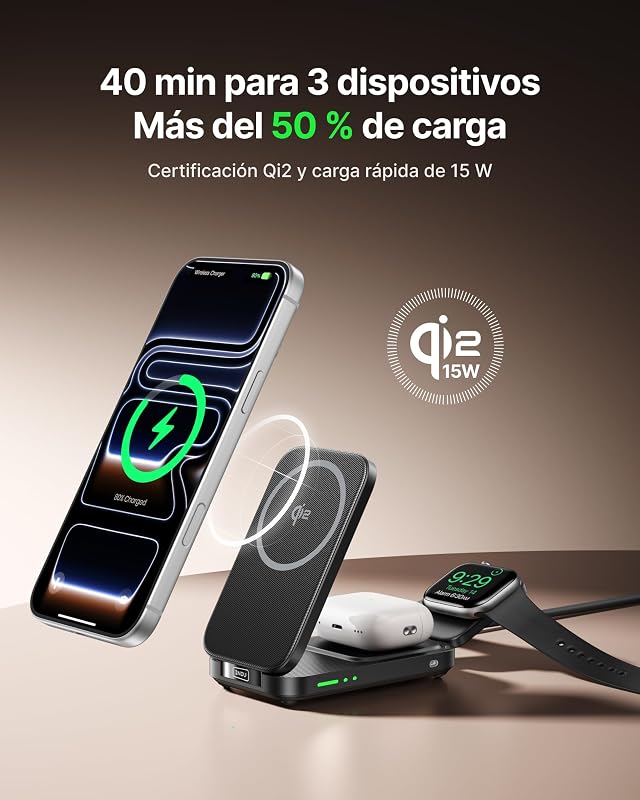 Cargador Inalámbrico 3 en 1, 15W Certificado Qi2 Cargador de Rápida