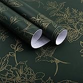 Froluya Green and Gold Peel and Stick Wallpaper for Bathroom 17.7in&times;118.1in | Dark Green Floral Wallpaper Vintage Contact Paper Peel and Stick Flowers Birds Removable Self Adhesive Cabinets Wall Paper