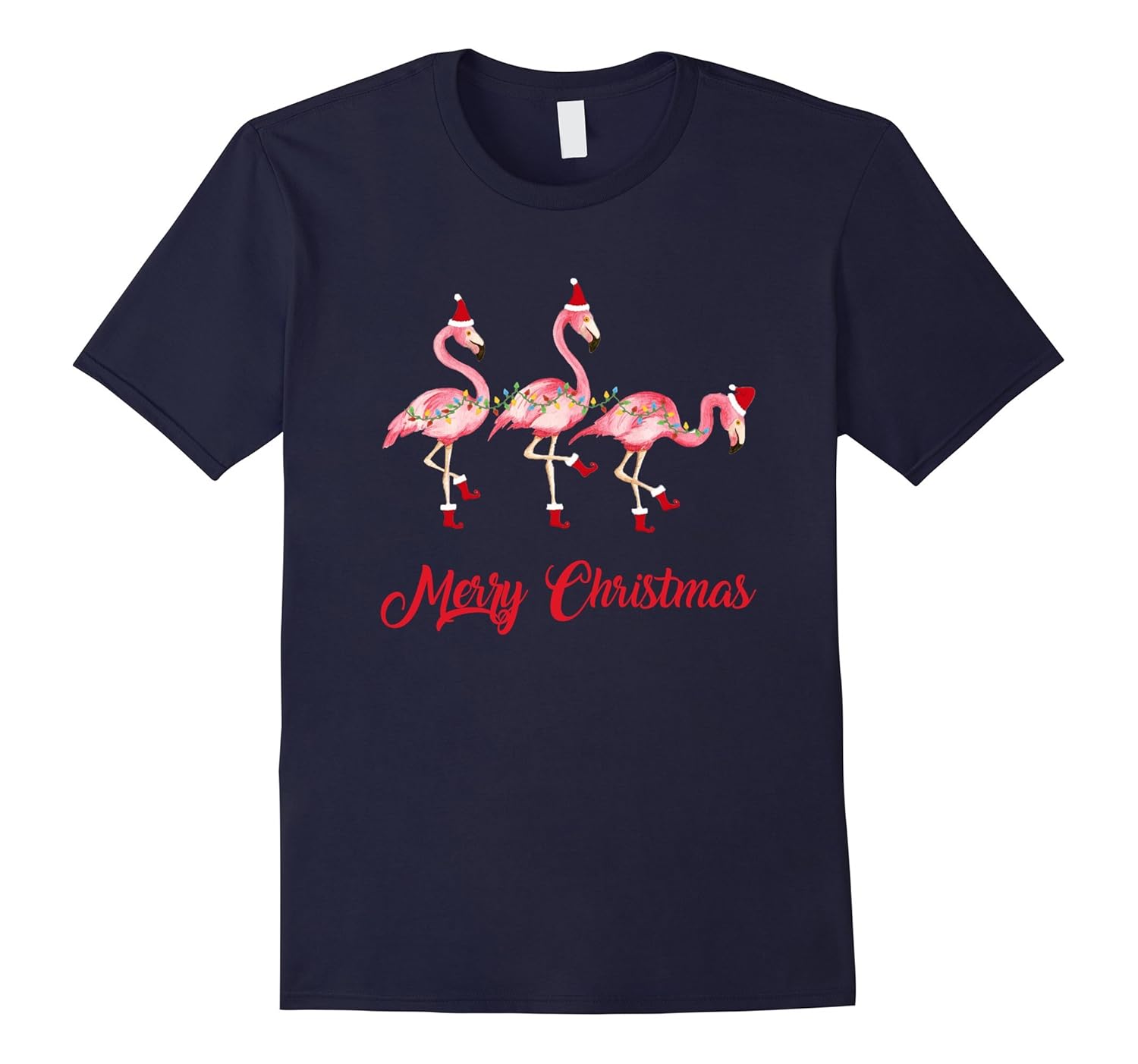 Womens Pink Flamingo Beach Merry Christmas T-Shirt-ANZ