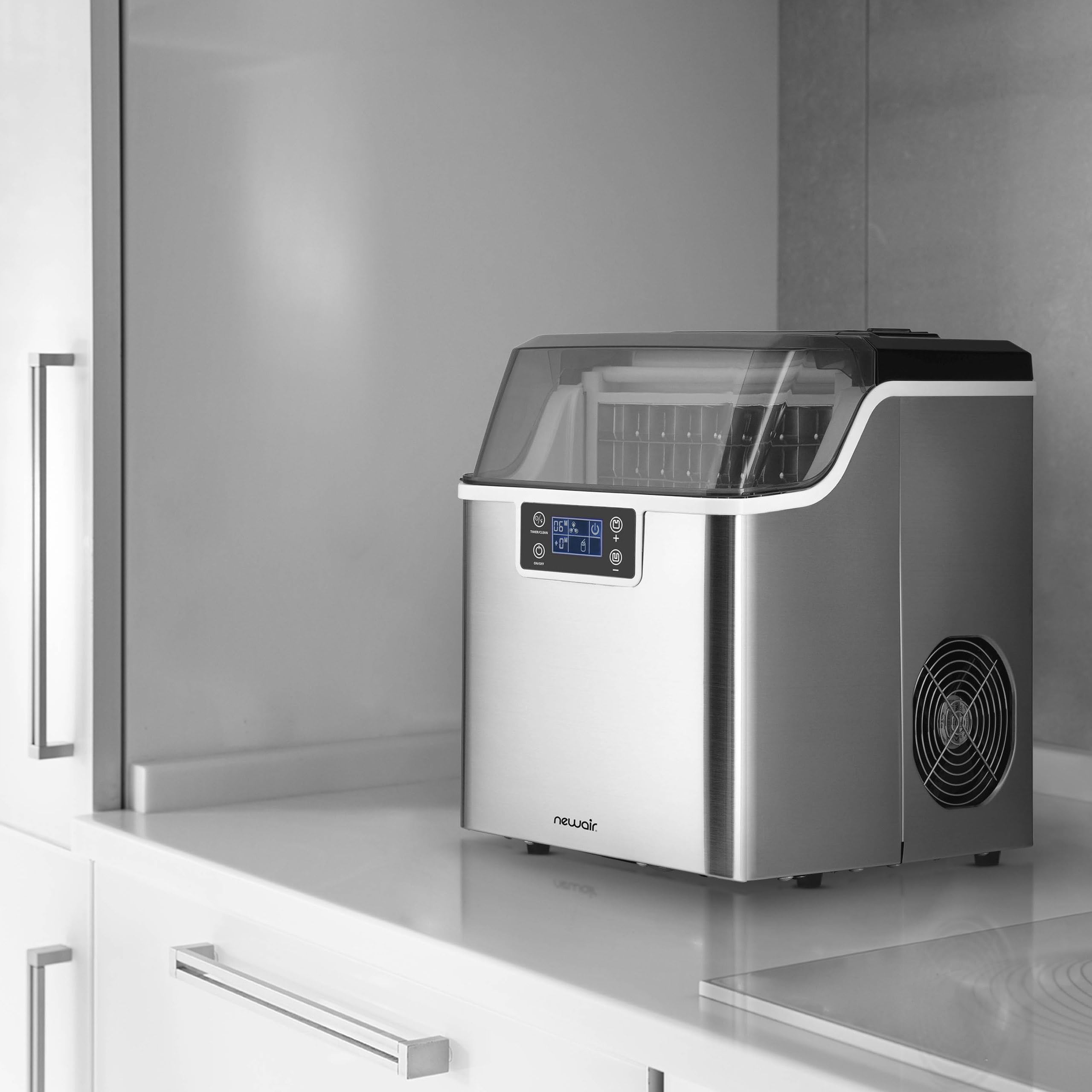 Newair Countertop Clear Ice Maker, 45lbs/Day Ice Cube Machine, Self-Cleaning Function and Custom Ice Thickness, Portable Ice Maker, 24H Timer, Ideal for Home Office and Outdoor Bar, Stainless Steel