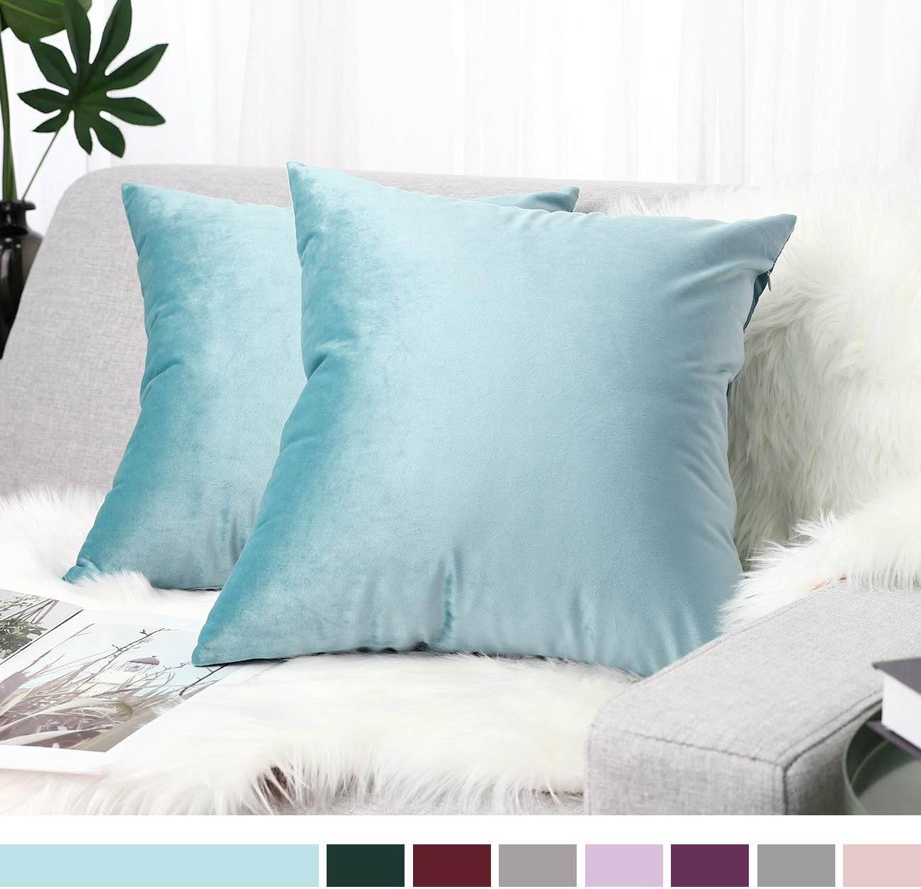 Lewondr Velvet Soft Cushion Cover, 2 Pack Modern Solid Color Square Decorative Throw Pillow Case Cover for Car Sofa Bed Couch Home Decor, 20"x20"(50x50cm), Lake Blue