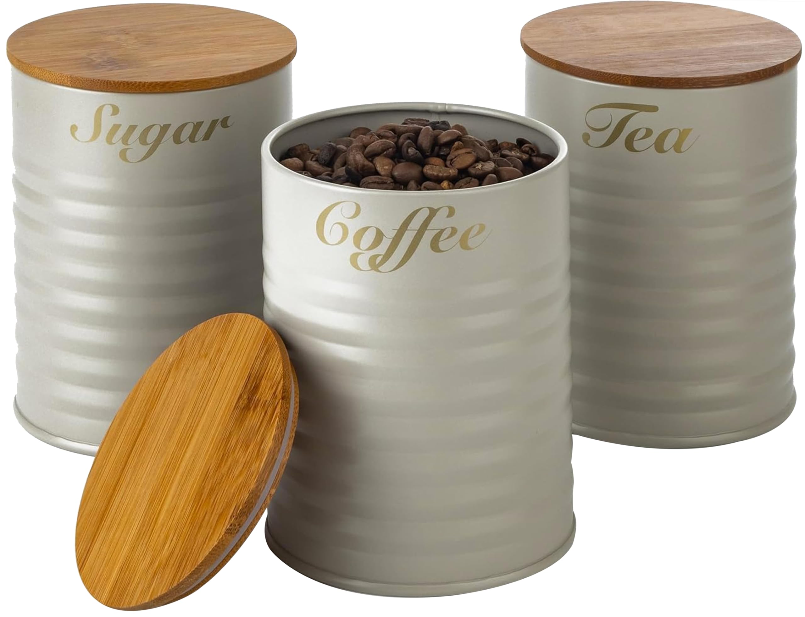 LENAK Tea Coffee Sugar Storage Canister Set - Labelled Containers for Tea Coffee Sugar Tins Jar Sets for Kitchen Accessories & Essentials (Beige, 3 Pieces)