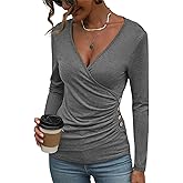 EasyGala Women's Long Sleeve Deep V Neck Tops Wrap Ruched Slim Fit Shirts Button Side Blouse Sexy Fall Outfits 2025