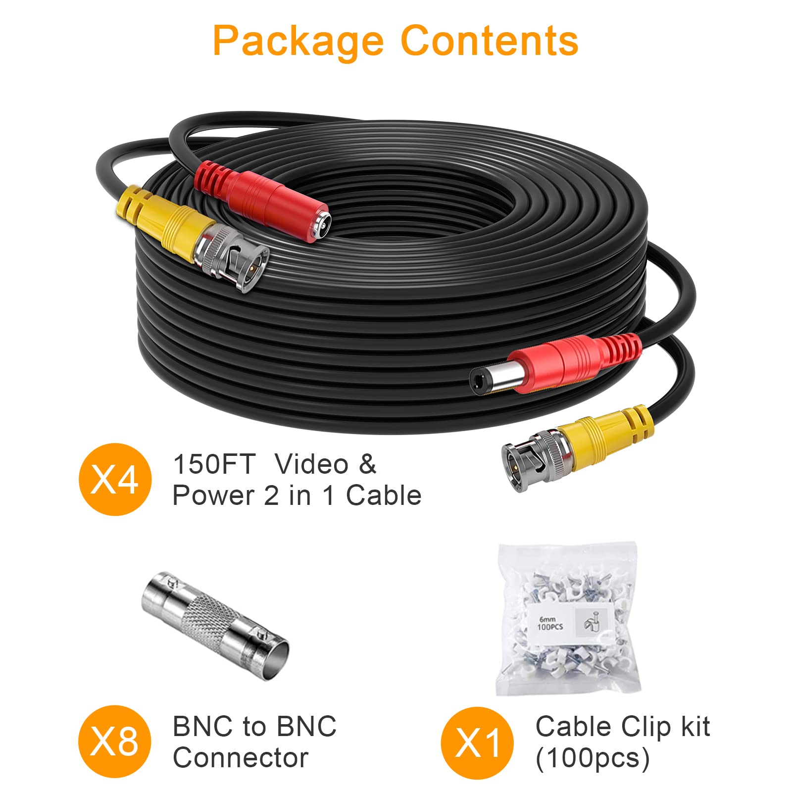 WILDHD Bnc Cable 4x150ft All-in-One Siamese Video and Power Security Camera Cable,BNC Extension Wire Cord with 2 Female Connectors for All Max 5MP HD CCTV DVR Surveillance System (4x150ft,Black)
