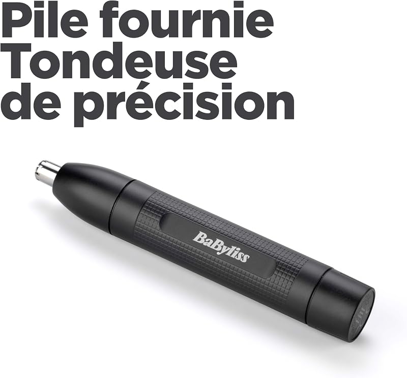 Tondeuse Nez et Oreilles BaByliss - Système de coupe circulaire à 2 lames, Fonctionne sur pile, Acier inoxydable, Accessoires amovibles faciles à nettoyer, Noir, E650E
