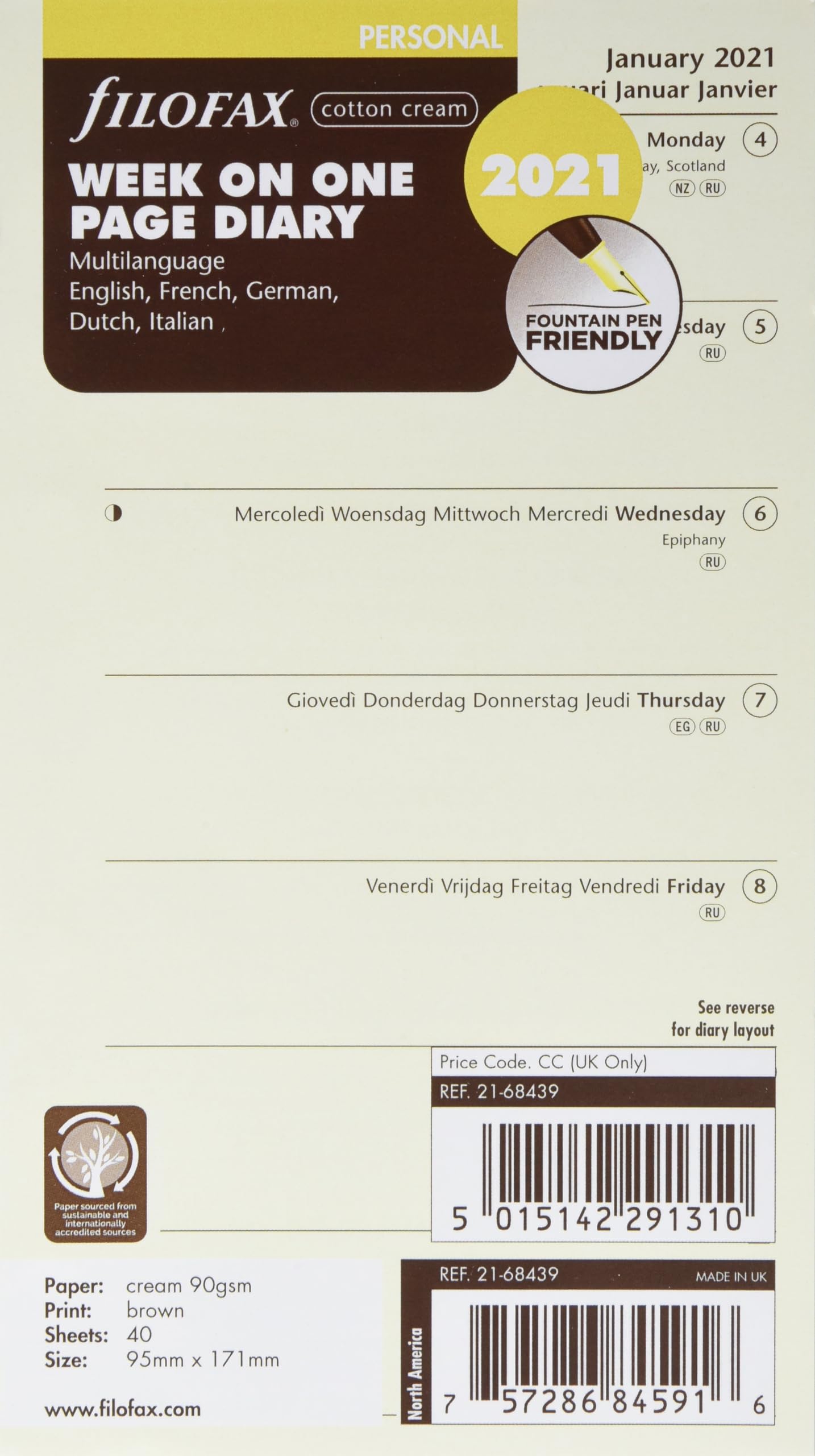Filofax 2021 21-68439 week per page, 5 languages, cotton cream to change, personnel