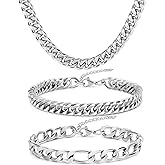 Aospkle 3PCS Cuban Link Figaro Bracelet Necklace for Men, Silver Gold Black Sturdy 316L Stainless Steel Cuban Link Figaro Chain with 2-inch Jewelry Set with Gift Message Card 8mm