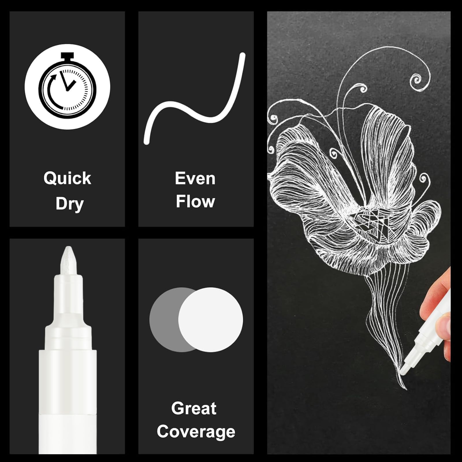 SFAIH Acrylic White Paint Pens - 8 Pack 2-3MM Medium Tip & 0.7MM Extra Fine Paint Marker for Rock Painting, Wood, Metal, Fabric, Plastic, Canvas, Glass, Ceramic, Diy Crafts, White Out Pen