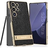 SOUTEM Leather Case for Samsung Galaxy S25 Ultra with Kickstand, Invisble Plating Stand, Slim Luxury Vgean Leather Non-Slip Grip AScratch Shockproof Phone Cover for Samsung Galaxy S25 Ultra(Black)