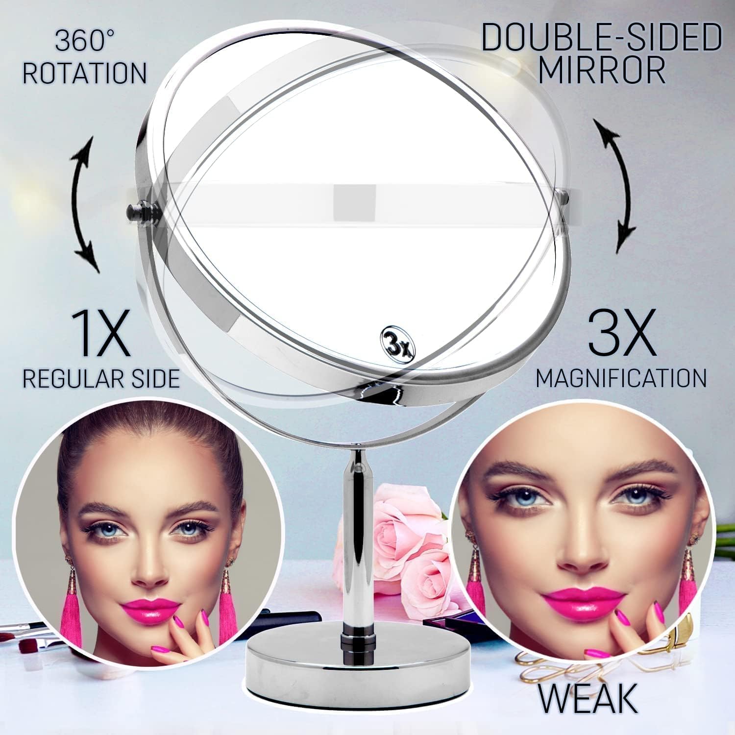 XXLarge Oversized 3X Weak Magnifying Mirror with Stand for Desk, Table, Retail Store Countertop, and Makeup Vanity - Double Sided 3X/1X Magnification - 17