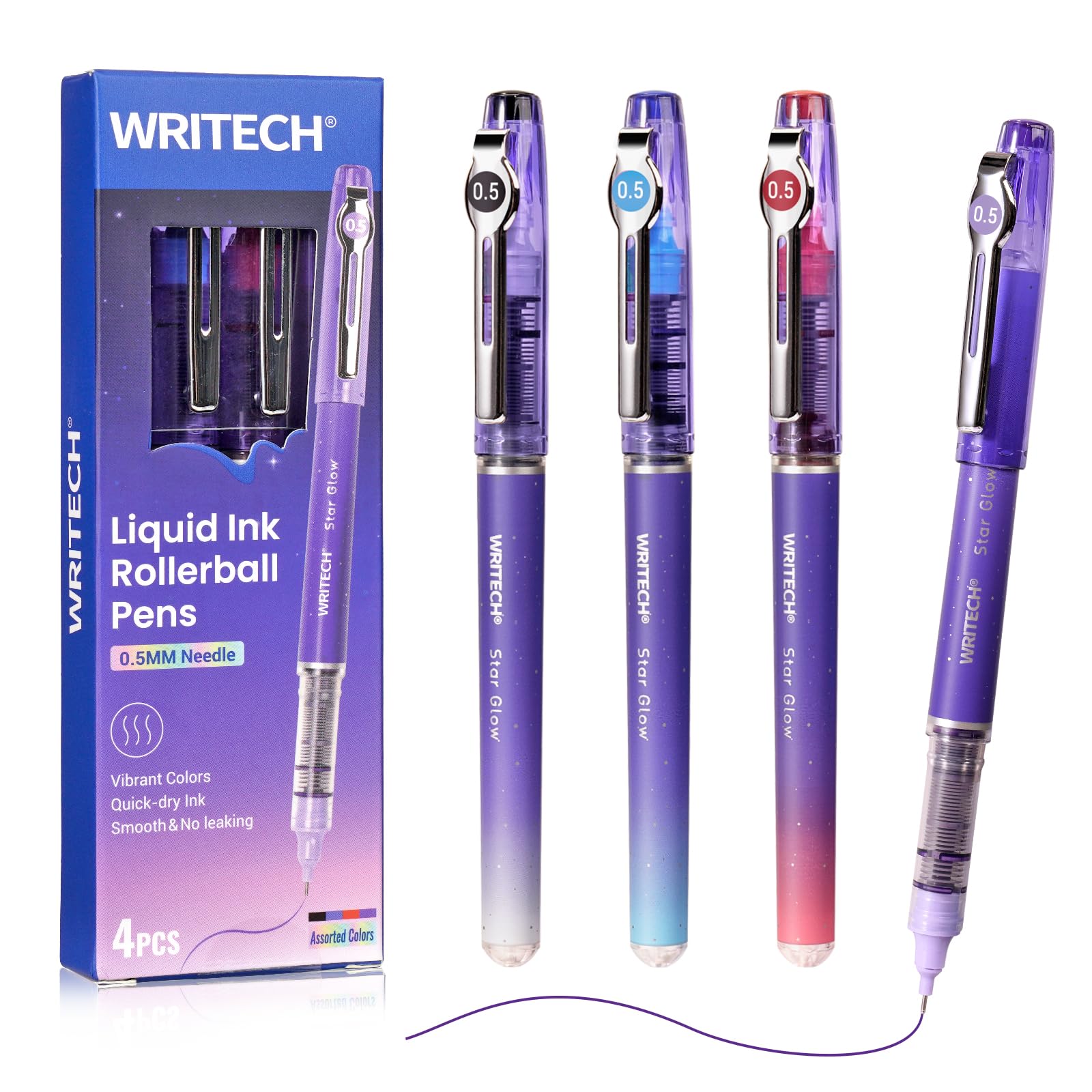 Photo 1 of WRITECH Liquid Ink Rollerball Pens: 0.5mm Assorted Color Ink Fine Point Tip Rolling Roller Ball Pen Multicolor No Bleed & Smudge for Journaling Smooth Writing Drawing 4ct