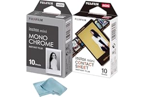 Fujifilm Instax Mini Film Combo – Contact Sheet (10 Shots) + Monochrome (10 Shots) + BluebirdSales Microfiber Cleaning Cloth – Instant Film for Instax Mini Cameras