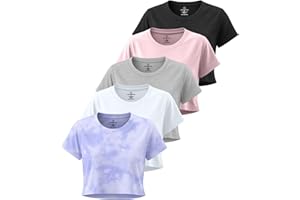 Real Essentials 5 Pack: Women's Dry Fit Crop Top - Short Sleeve Crew Neck Stretch Athletic Tee (Available in Plus Size)