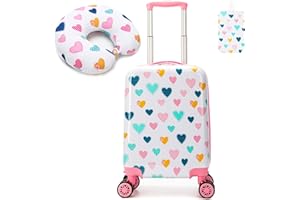 Esteemly Kid's Luggage Set 2 Piece Suitcase Set Hardside Luggage with Spinner Wheels Girls Carry on Toddler Travel Rolling Suitcase with Neck Pillow Airline Approved