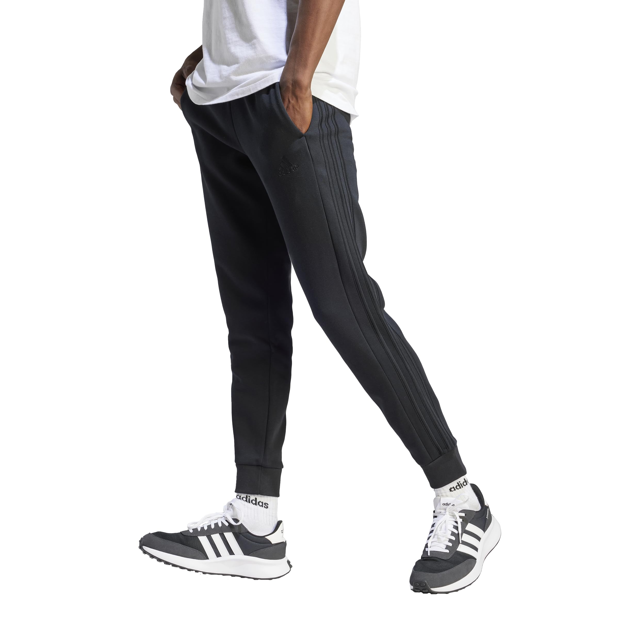 Adidas Mens Essentials Fleece 3-Stripes Tapered Cuffed Pants, Semi Lucid Blue, Small, Tall