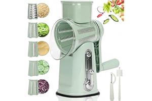CHDEXU Rotary Cheese Grater with Handle, Manual Vegetable Slicer Grater with 5 Detachable Stainless Steel Blades, Round Grate