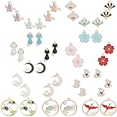SUNNYCLUE 1 Box 42Pcs 21 Styles Assorted Colorful Enamel Alloy Pendant Charms Golden Plated Fan Sakura Flower Cat Flat Round Japanese Style Pendants for Jewelry Making Crafts Supplies