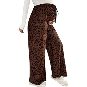 BLENCOT Maternity Pants Leopard Print Drawstring Elastic Waist Pregnancy Wide Leg Trousers with Pockets White