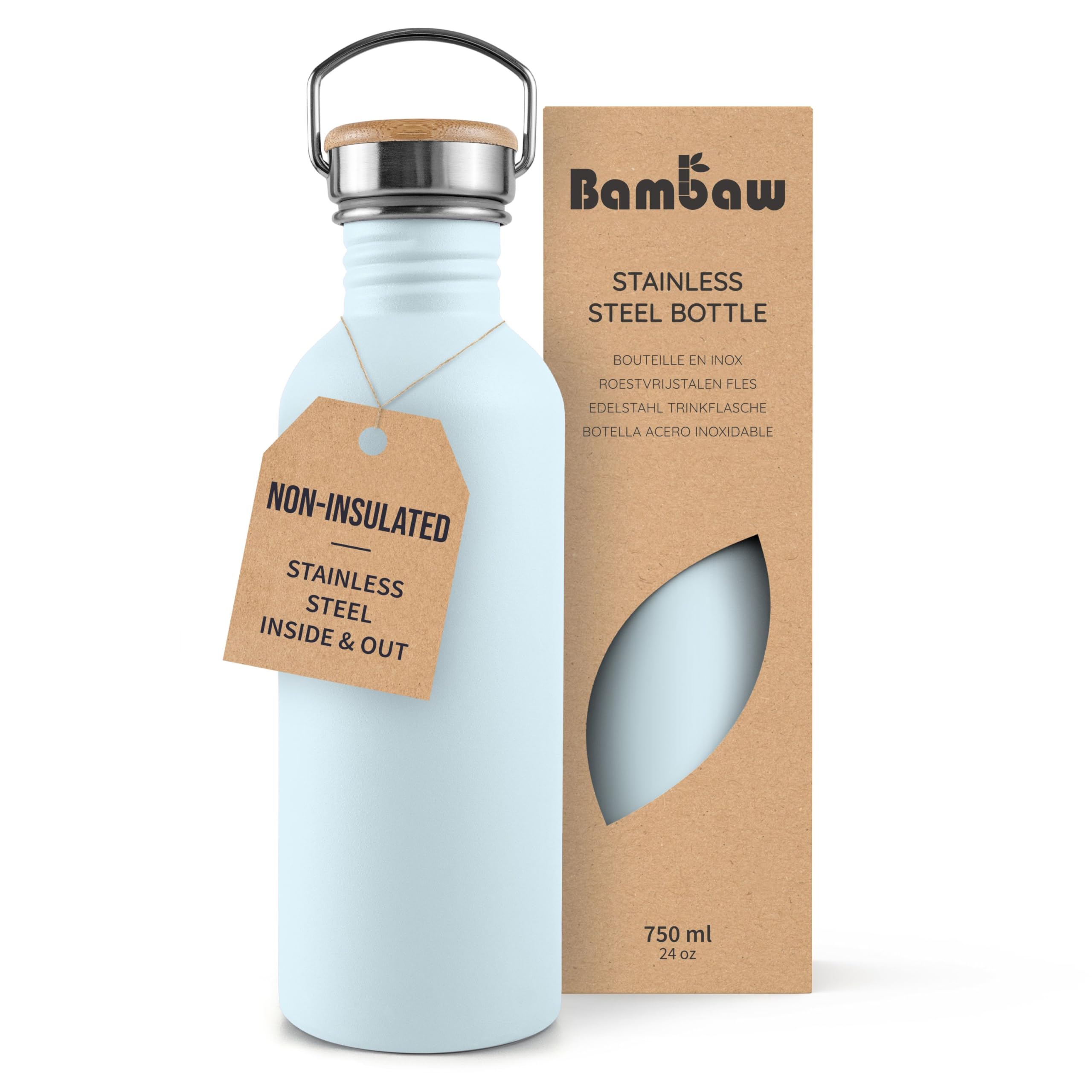 Bambaw Stainless Steel Water Bottle 750ml, Light Blue, Non-Insulated, Leak Proof, Reusable – Ice Blue